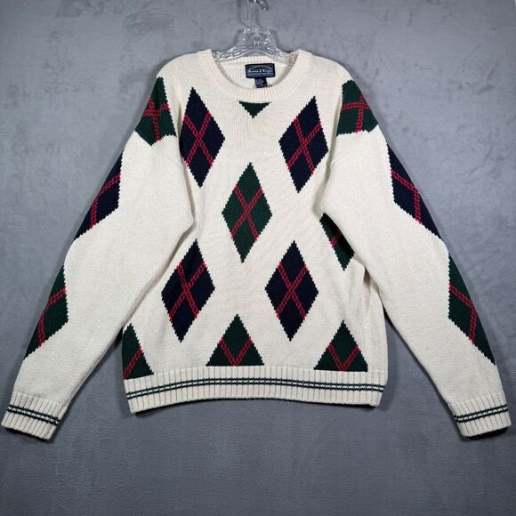Bowen & Wright Mens Sweater M Ivory Black Red Diamond Print Chunky VNeck Grandpa - Picture 2 of 9